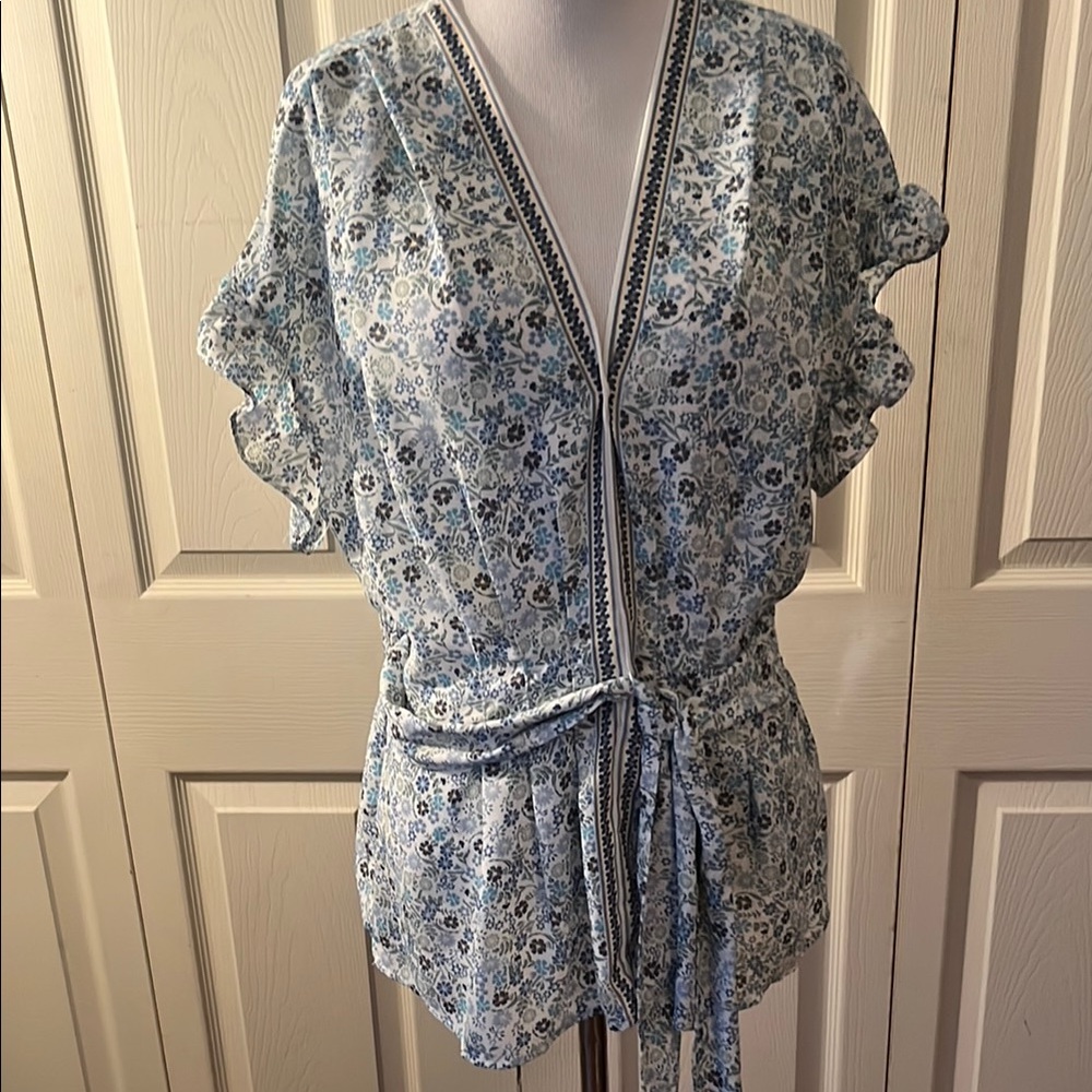 Max Studio Blue and White Flutter Sleeve Wrap Blouse
